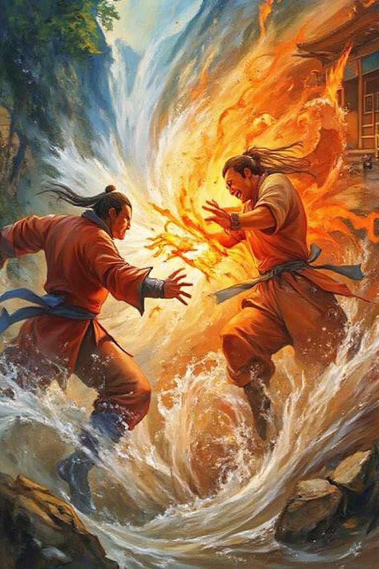 2 kungfu masters attack blind man. Kung fu master use power of water and fire from hands,bukukomik