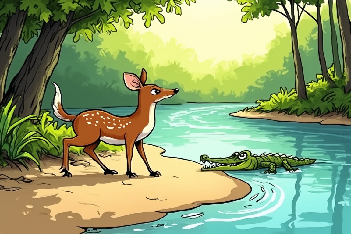 A whimsical illustration of a Kancil (mouse deer) and Buaya (crocodile)  at the edge of a winding river in a lush forest. The warm sunlight casts long shadows across the sandy bank, as the two unlikely friends share a peaceful moment. Cartoon-style depiction with vibrant colors and exaggerated features.,cartoon1