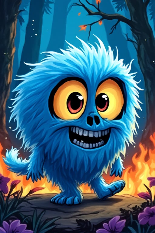 TenTen A blue cubic cube skull called (ten ten), with eyes and smiley mouth, full soft blue fur intricate. At a flame jungle,cartoon1