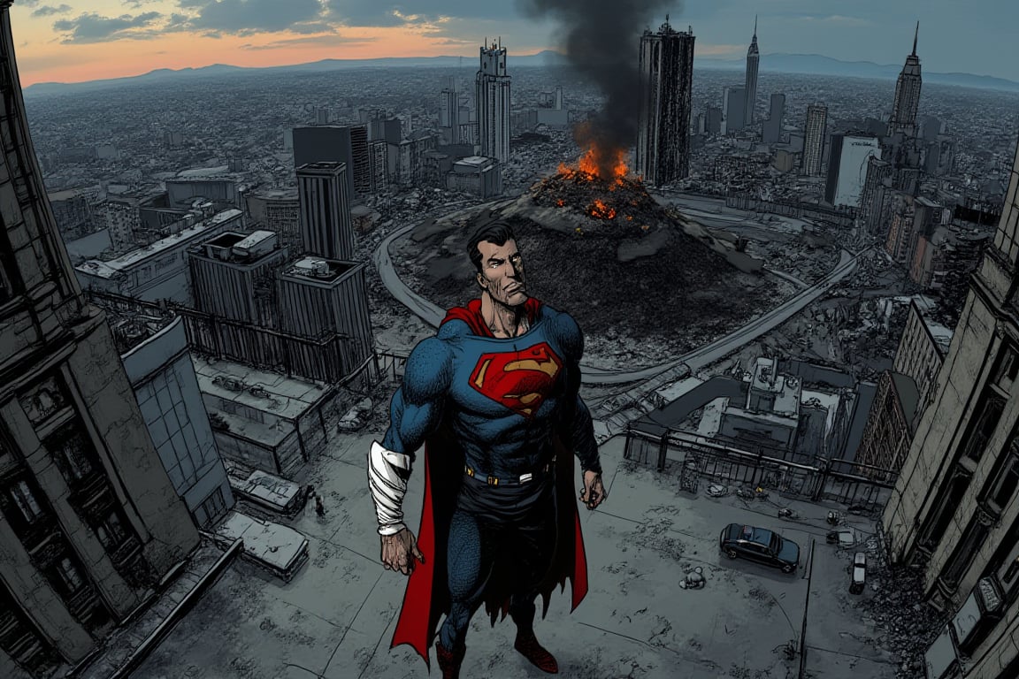 A dramatic overhead shot captures Superman's solemn expression as he stands alone in a desolate cityscape at dusk. His iconic red and blue suit is now marred by a stark white cast on his left arm, a result of his intense battle with Batman. The Dark Knight's absence leaves only a faint smoldering ruin behind him. Superman's gaze pierces the horizon as he contemplates his new reality. ,komikA