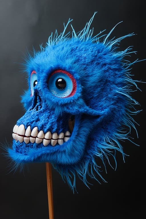 TenTen A blue cubic cube skull called (ten ten), with eyes and smiley mouth, full soft blue fur intricate. At a flame jungle,shadowpuppet