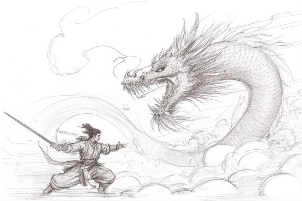 Warrior fight with dragon, fine pencil sketch black and white ,kungfuart