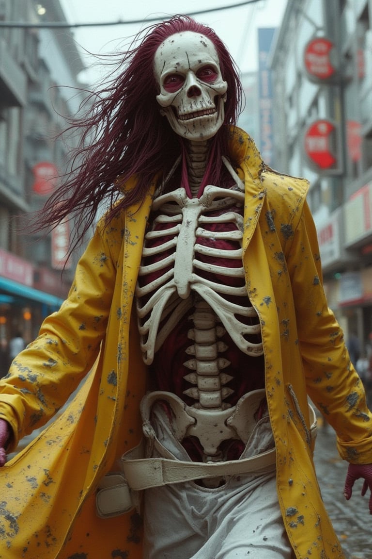 hyper realism, a skeleton hybrid, wet and
Wheatish coloured tone, X eyes mask,
long burgundy haired, dark-yellow hyper
nano LaTeX ceramic raincoat, crimson
muscles and veins inner intricate render,
wearing a white ultra violet transparent
latexCouture material mediaeval long
coat, dynamic pose at horror
environments Tokyo city streets, SSAO,
ambient occlusion, ray tracing, cycles 4d
render, CryEngine 7 optimization,
dynamic lightings, bright white LED
lighting 30x times, 7d Unreal Engine 12
textured. 124k ultra HDR. ,