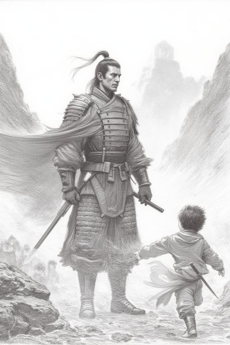 Amidst a misty mountain range, a stoic Chinese warrior stands tall, surrounded by curious children playing in the foreground. The warrior, clad in armor and holding a sword at the ready, gazes intently into the distance, awaiting the approach of his enemy. Soft pencil strokes capture the texture of his robes and the subtlety of his facial expression, as if frozen in anticipation. Circa 1550.