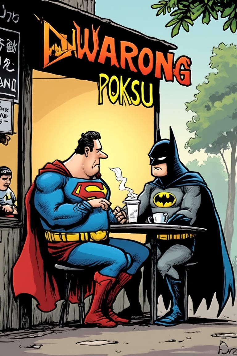 superman and batman drink coffe outside malay stall at village, the stall has signboard write (WARONG POKSU) ,cartoon1 