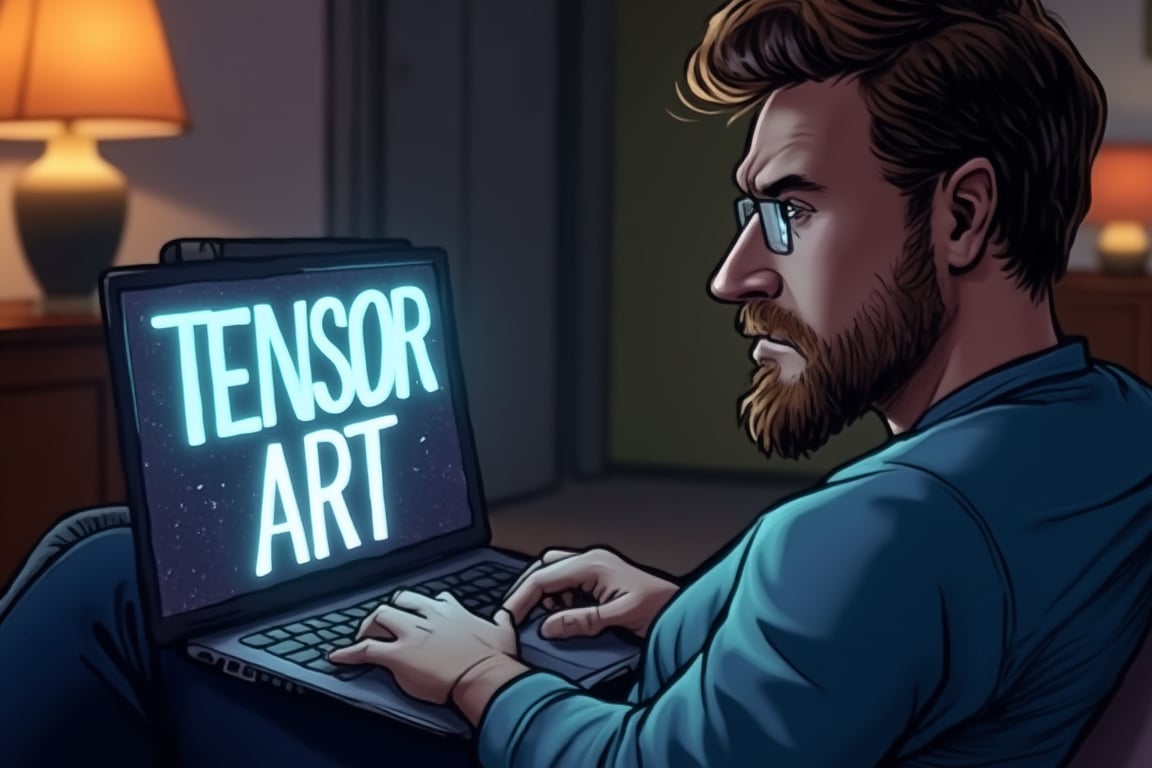 A close-up shot of a man sitting comfortably in front of a laptop, his eyes intently focused on the screen. The words 'TENSOR ART' are prominently displayed on the laptop's display, with a subtle glow surrounding the text to hint at the digital nature of the artwork. Soft, natural lighting illuminates the scene, casting a warm glow on the subject's face.,cartoon1