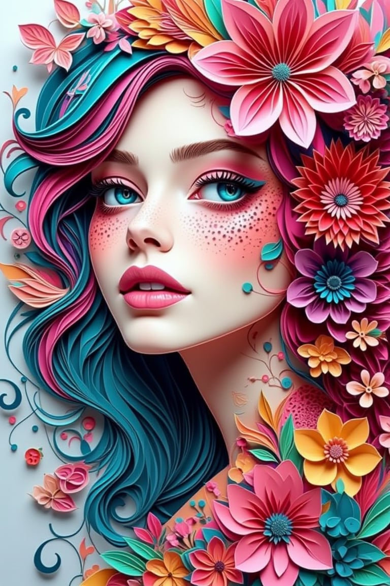 3D paper cut style image of Hanna, a woman with colorful hair and flowers, papercraft style, cut-out, layered, detailed, vibrant colors, influenced by ChhaviVerg, ink splash effect, intricate paper textures, dynamic lighting, dramatic composition, best quality exquisite details, digital art.