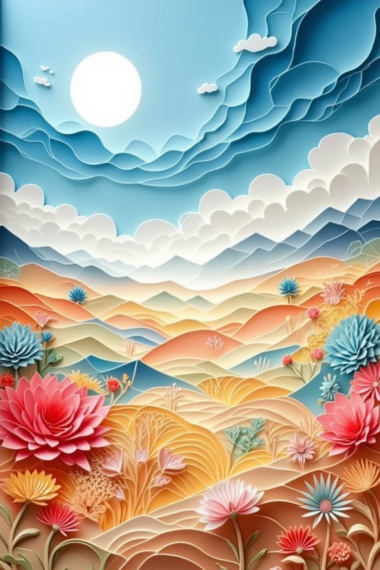 3D paper cut style image of Hanna, vast landscapes with blue sky and steppe, Kelsang flowers, clouds, and big wind, earth tones and botanical motifs, soft lighting with warm color, intricate paper textures, detailed botanical illustrations, influenced by environmental art, dramatic composition, best quality exquisite details, 3D rendering.