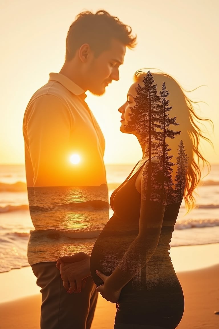 Double exposure image blending a man standing on a sunset beach with soft, ethereal lighting and a warm, golden hue. The man's silhouette is slightly transparent, merging with a woman's gentle expression and a baby's delicate features in a vibrant forest backdrop. The woman is in a relaxed, nurturing pose, cradling the baby in her arms. The composition is balanced, with the forest subtly blending into the woman's silhouette, enhancing the mystical, blended effect.