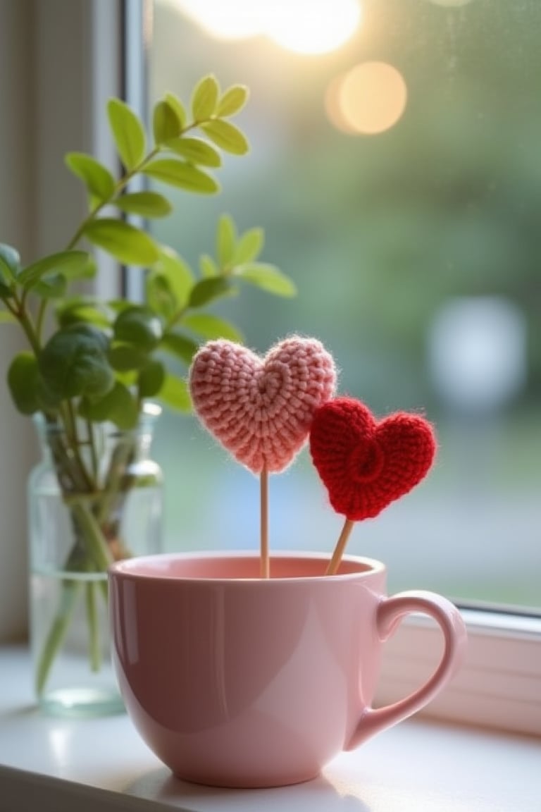 Minimalist scene by the window with soft greenery lighting in the background. A simple, elegant knitted heart on a stick rests gently on the edge of a pink cup. The cup sits on a clean windowsill, with outside lighting creating a warm, peaceful ambiance. The focus is on the artistic arrangement of hearts and the gentle, glowing light outside.