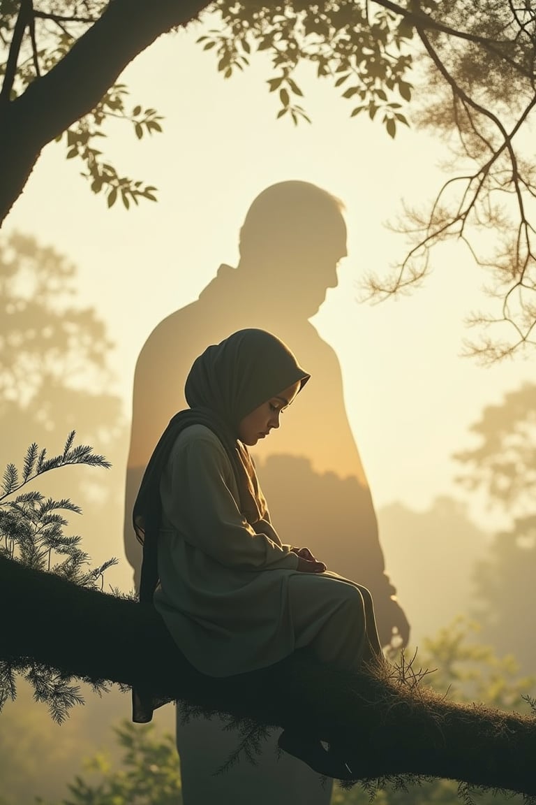 Double exposure image of a girl in a hijab, sitting on a lush branch, blending with an old man from her past, missing her daddy. Soft, nostalgic lighting, with the girl's silhouette slightly transparent, merging with the old man's figure. The composition is centered, with the branch and foliage framing the scene. The girl is in a contemplative pose, looking down, while the old man stands behind her, partially visible. The background is a dreamy, blurred landscape.