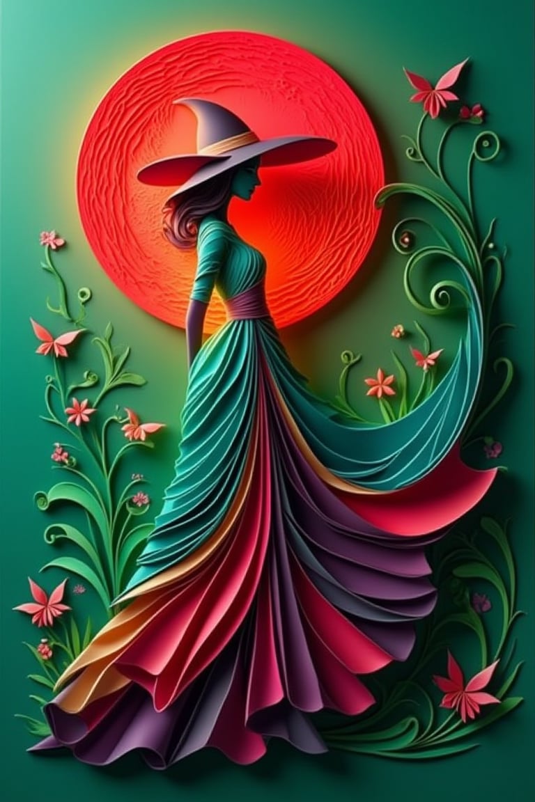 3D paper cut style image of Hanna, a mysterious lady in a stylish hat and elegant colorful frock, standing gracefully next to a red glowing moon, intricate paper textures, vibrant colors, crisp green background, dynamic lighting casting shadows, detailed folds and patterns, dramatic composition, digital art.