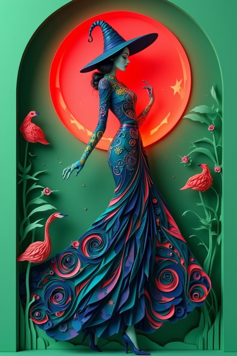 3D paper cut style image of Hanna, a mysterious lady in a stylish hat and elegant colorful frock, standing gracefully next to a red glowing moon, intricate paper textures, vibrant colors, crisp green background, dynamic lighting casting shadows, detailed folds and patterns, dramatic composition, digital art.