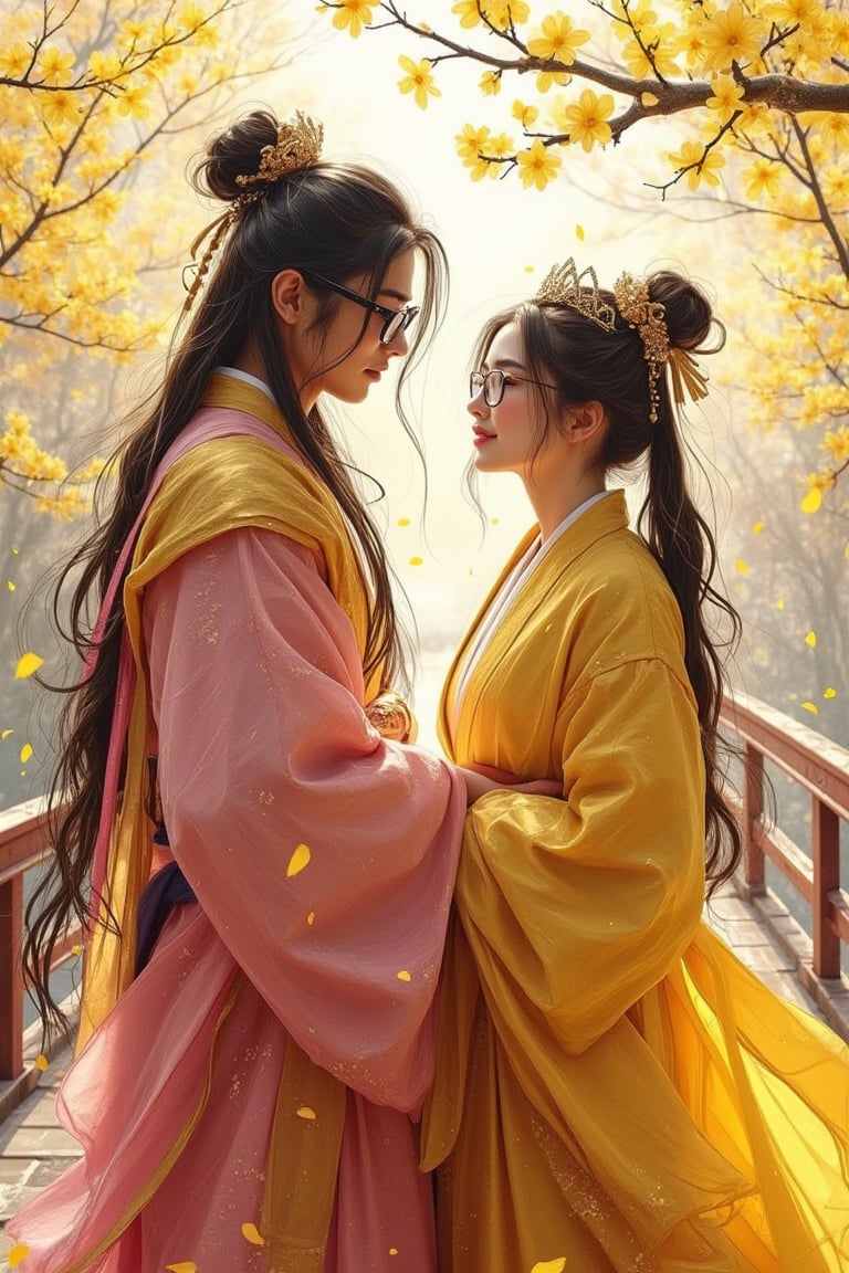 A young man with glasses and long hair tied in a crown, wearing a gold and pink hanfu warrior outfit, standing beside a beautiful woman with glasses and her hair also tied in a crown, wearing a yellow hanfu. They stand on a bridge with falling yellow sakura petals. The scene is rendered in gouache color with black light paint, blending digital acrylic and CG society styles.