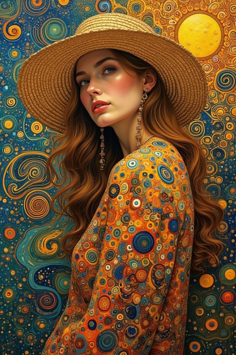 A Gustav Klimt-inspired portrait of Hanna, a beautiful lady wearing a sun hat, her hair cascading like a waterfall. She wears vibrant attire patterned with myriad designs, set against an abstract background with swirling colors and speckled paint. The scene embodies passion, energy, and freedom, with ultra-fine, dramatic lighting and vivid colors. The composition captures her elegant pose, framed mid-shot to highlight the intricate details and the swirling abstract backdrop.