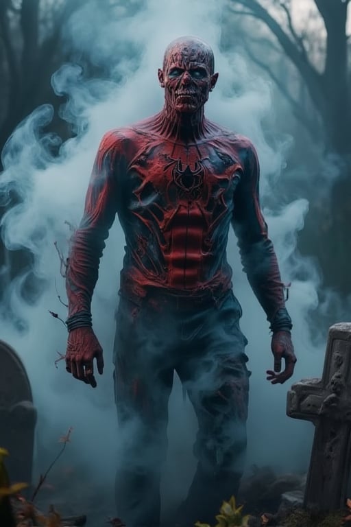 Spiderman's zombie emerges from the fog-shrouded graveyard. His iconic red and blue suit now tattered and stained, his mask is ripped and torn in places and a bloody froth flows from his mouth, the once-heroic figure appears twisted by dark forces. Eerie smoke swirls around him, illuminated only by faint moonlight. His face, a grotesque blend of human and dead features, contorts into an unholy smile. 