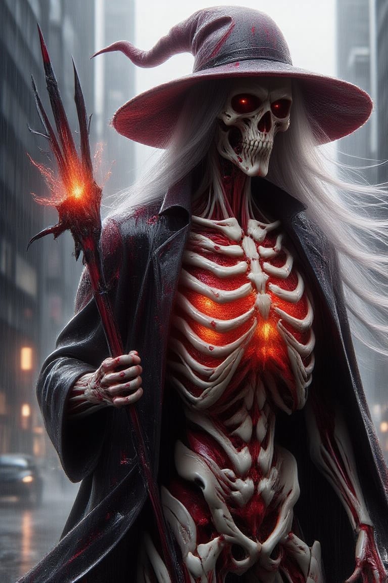 A skeleton witch , wearing witch hat, flame inner intricate , wearing  loosely cloak made from ceramic, hold a witch spears, red wine splatters, Flame ruins background 