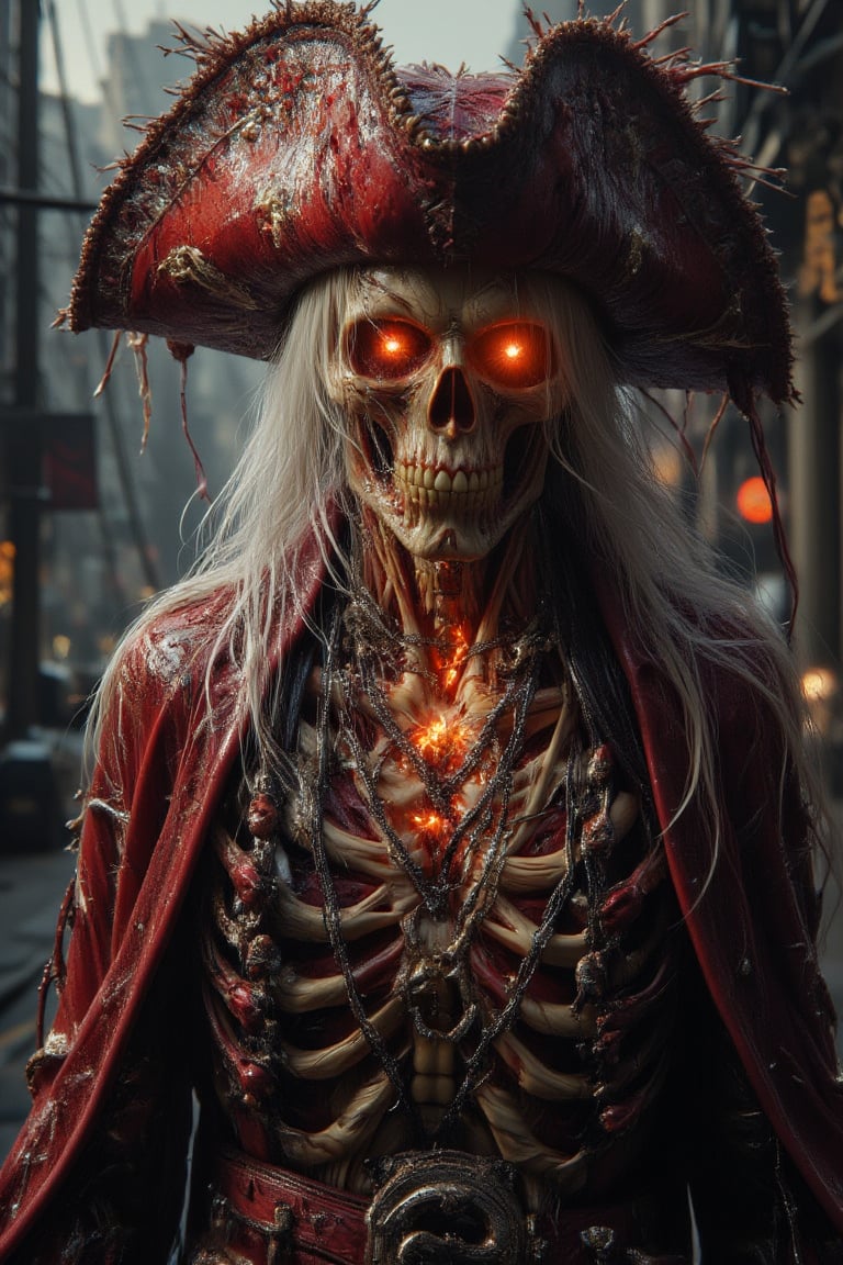 A Horror Pirates , wearing Straw hat hat, longer white haired,  red eyes, wearing big neckless, glowing flame inside body, wearing pirates cloak made from ceramic, hold a gold coins, voodoos, horror ship Atmospheric with wine splatters background .