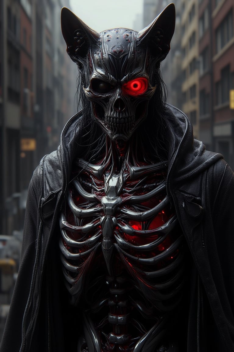 A black humanoid cat, Wearing a skeleton armored made from reflecting mirror materials. Crimson inner intricate coloured 