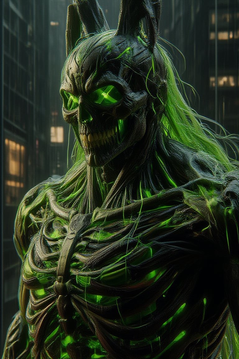 A Batman, green neon muscles and veins inner  tender, ligment and veins. Polycarbonate ceramic textured .124k ultra HD resolution.