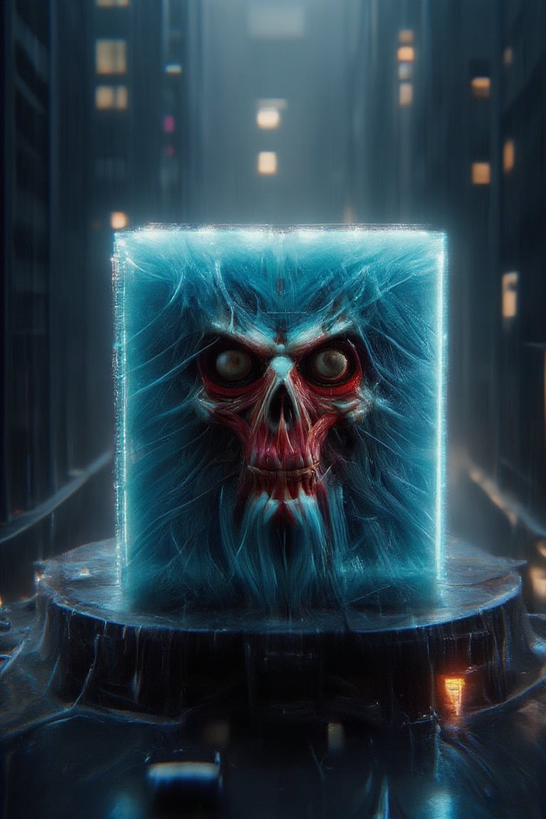 A creature is a skull fluffy cube character in a vibrant turquoise blue fur with lively expressions, with eyes and lipstick wide smiley mouth, 3d intricate,  crimson muscles and veins inner intricate render,   At a flame jungle, Ambient occlusion, octane render, Lux render, Unreal engine optimization (textures).