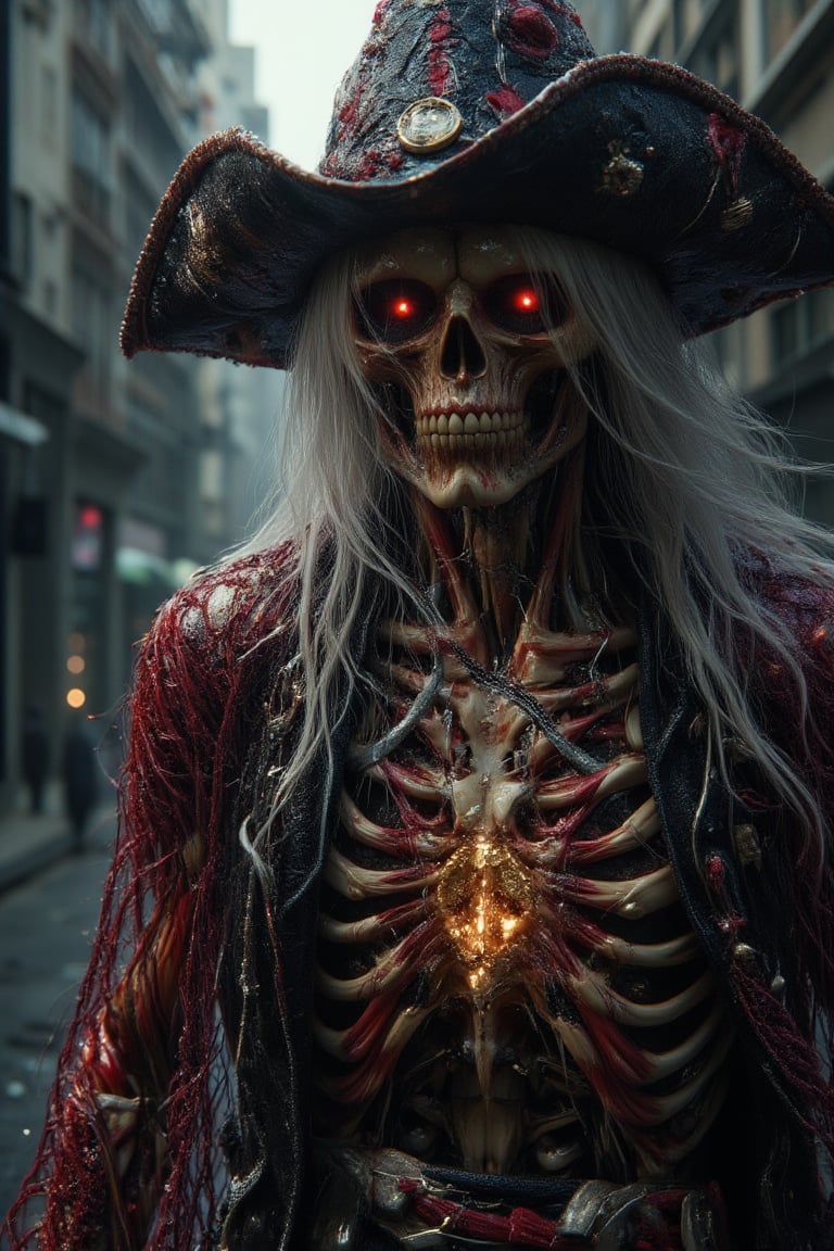 A Horror Pirates , wearing witch hat, longer white haired, red eyes, wearing pirates cloak made from ceramic, hold a gold coins, voodoos, horror Atmospheric with wine splatters background .