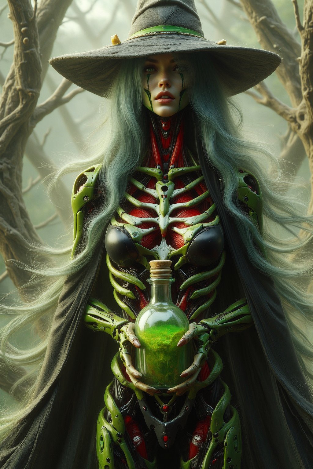  a witch goddess hybrid hold a big bottle of potion with neon green liquid inside, blue ombre haired, oily Wheatish  coloured tone, neon green painting splash trough her body, wearing witch hat , wearing black LaTeX-cotton cloak, evangelion hyper nano ceramics technology armoured,  crimson muscles and veins inner intricate render,  calcium carbonate textures, she's standing at abstract old cottage with green splash liquid surrounding the background, ambient occlusion, octane render, V-Ray render, unreal engine 5 optimization 