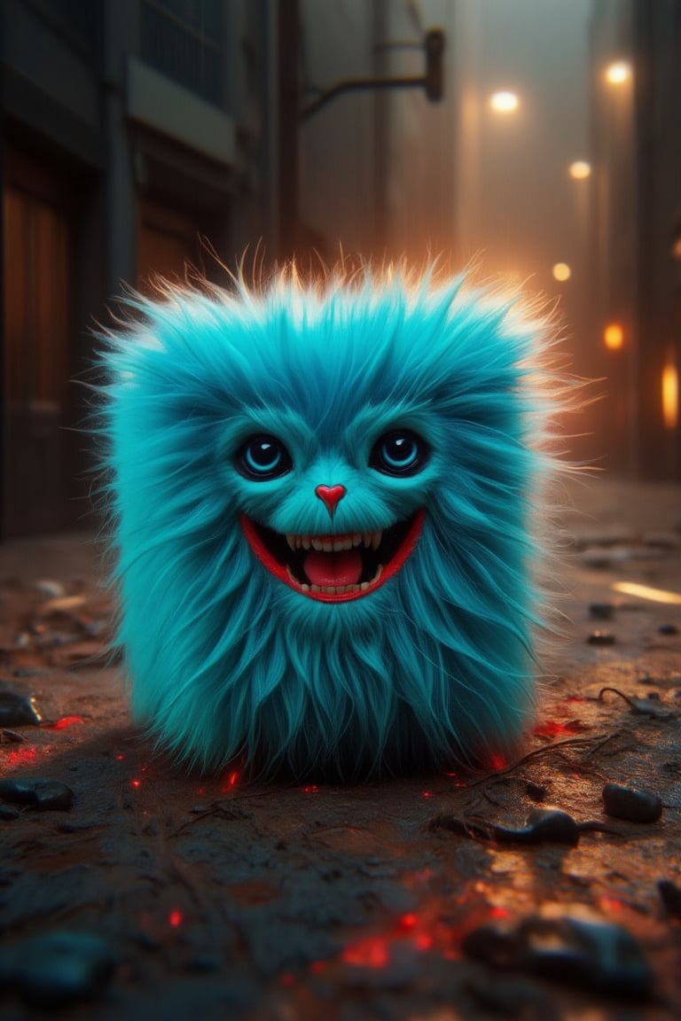 A creature is a fluffy cube character in a vibrant turquoise blue with lively expressions, with eyes and smiley mouth, 3d intricate,  full soft blue fur intricate, crimson muscles and veins inner intricate render,   At a flame jungle, Ambient occlusion, octane render V-Ray render.