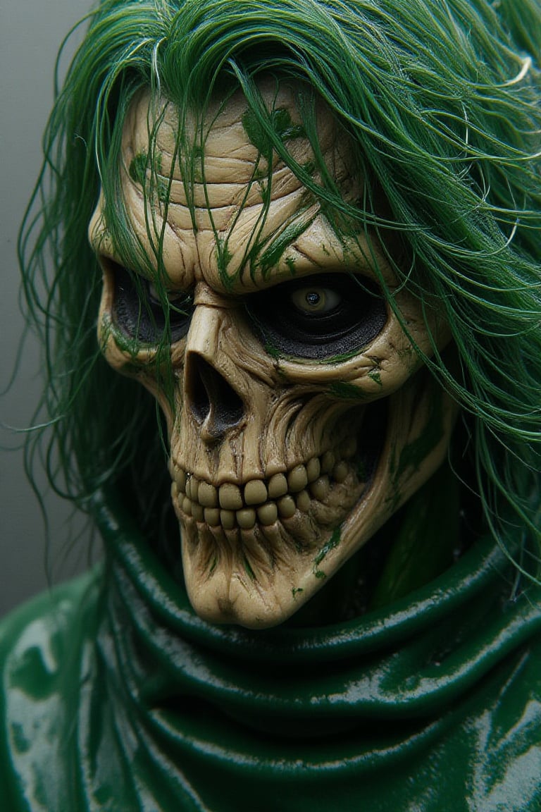 A JOKER, green painting splattered haired, green ligment intricate, intricate Sharp focus detailing, dark green polycarbonate cloak. inspired by JengLord.