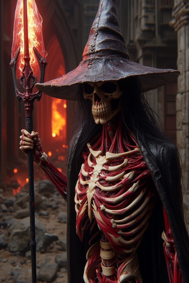 A skeleton witch , wearing witch hat, flame inner intricate , wearing  loosely cloak made from ceramic, hold a witch spears, red wine splatters, Flame ruins background 