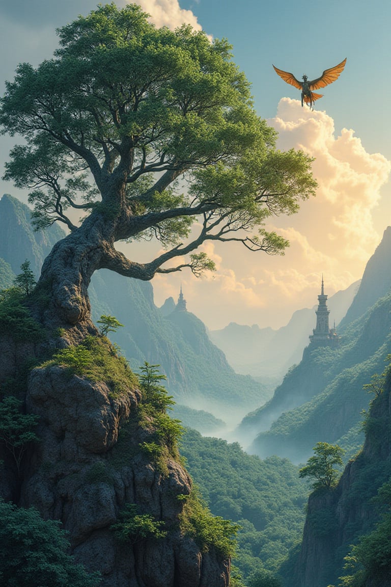 beautiful landscape of big tree in idr_rupiah style, dragon fly, far away, castle, mountains, (orange light)