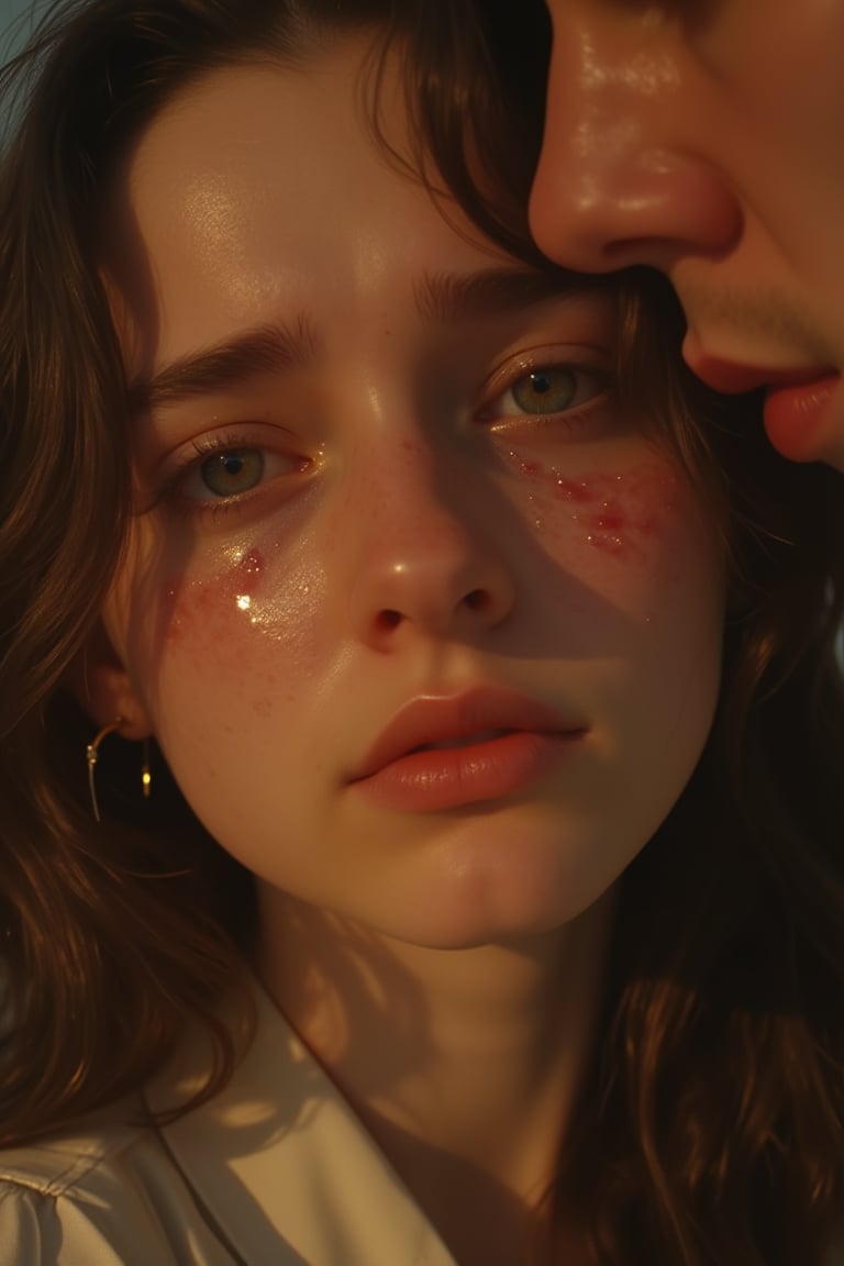 A close-up shot of a young woman's tear-stained face, her eyes welling up with tears as she cries softly. Her skin appears flushed, and her lips are pursed in distress. The background is blurred, but the faint outline of a person looming over her suggests the presence of her boyfriend. Soft, golden lighting highlights the contours of her face, while the shallow depth of field creates a sense of intimacy.