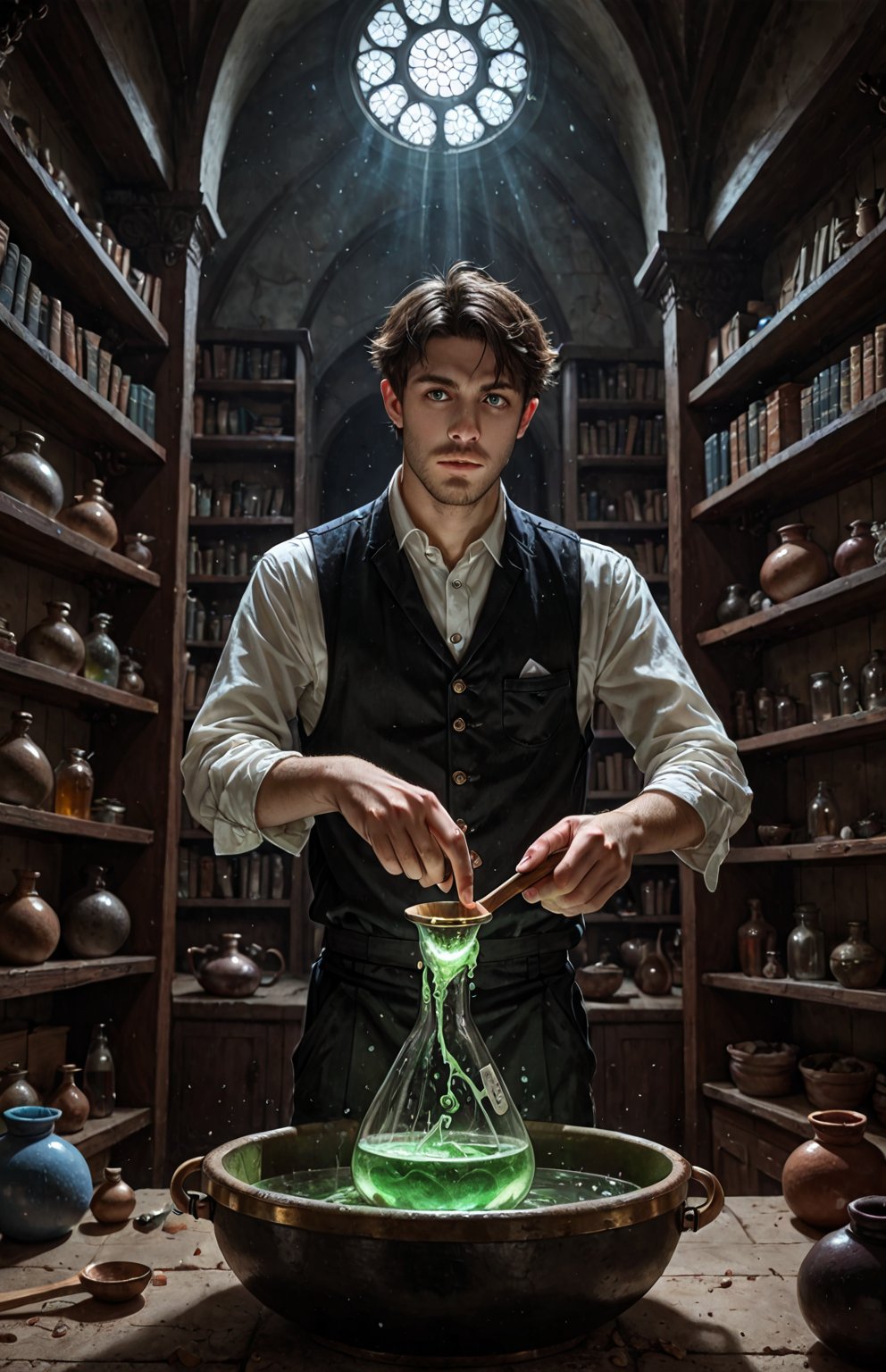 A mystical alchemist stands amidst a dimly lit apothecary, surrounded by shelves of dusty vials and ancient tomes. A glowing potion bubbles over a cauldron, emitting wispy tendrils that swirl towards the ceiling like ethereal tentacles. The alchemist's hands are stained with various concoctions as they stir the potion with a wooden spoon, their eyes intent on the brewing mixture.