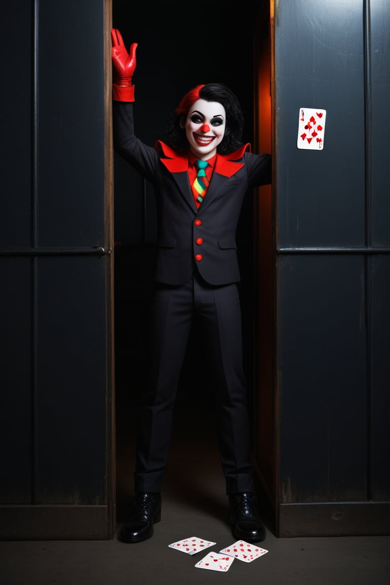 A surreal scene unfolds as a deck of playing cards suddenly opens, revealing the iconic villainous grin of the Joker, clad in a bright red nose and oversized shoes. The Clown Prince of Crime emerges from the cardboard prison, his eyes gleaming with maniacal intensity. A splash of vibrant colors dominates the frame, punctuated by the stark black and white of the playing cards.