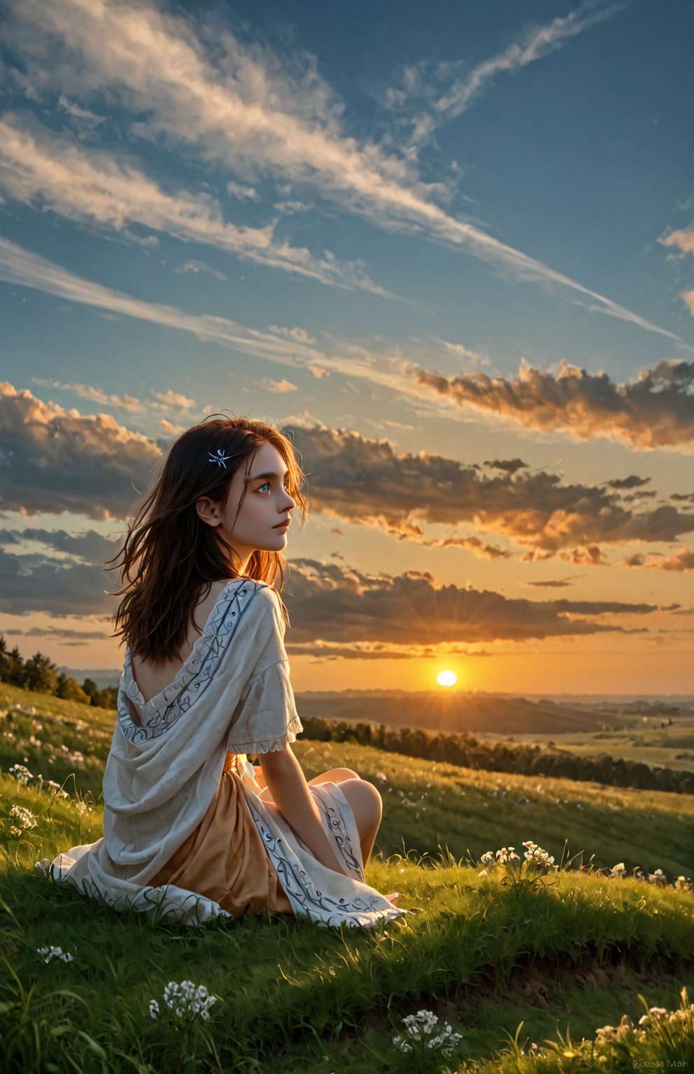 A serene young girl sits comfortably cross-legged on a lush green grassy hillside at sunset, her bright blue eyes gazing directly into the warm orange-hued sky as gentle blades of grass surround her, a few wildflowers sprouting nearby, with a calm and peaceful atmosphere filling the frame.