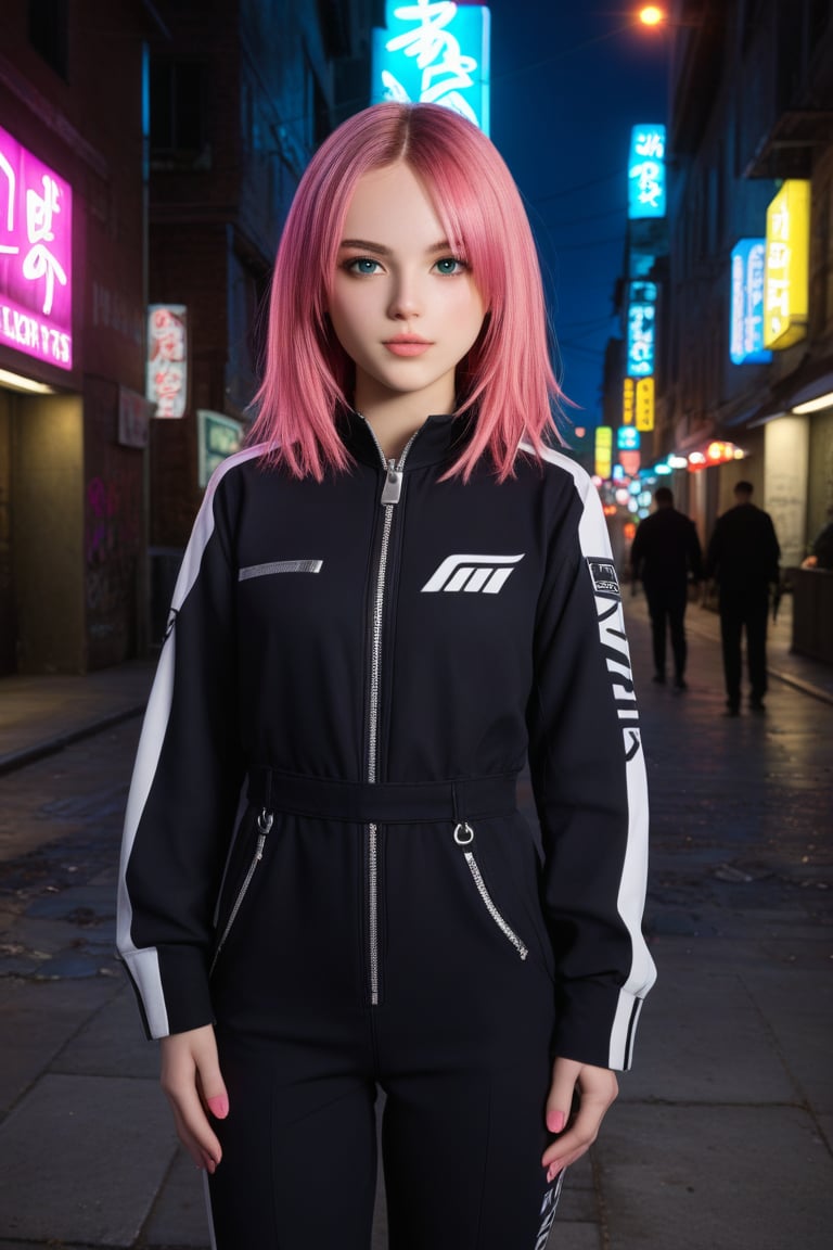 A close-up shot of a vibrant young girl standing in a dimly lit alleyway, surrounded by neon-lit graffiti and billboards. Her bright pink hair shines like a beacon, illuminated by the artificial glow. She's dressed in a sleek black jumpsuit with neon accents, her eyes gleaming like emeralds in the dark. The cityscape hums with electric energy, reflected in her bold pose.