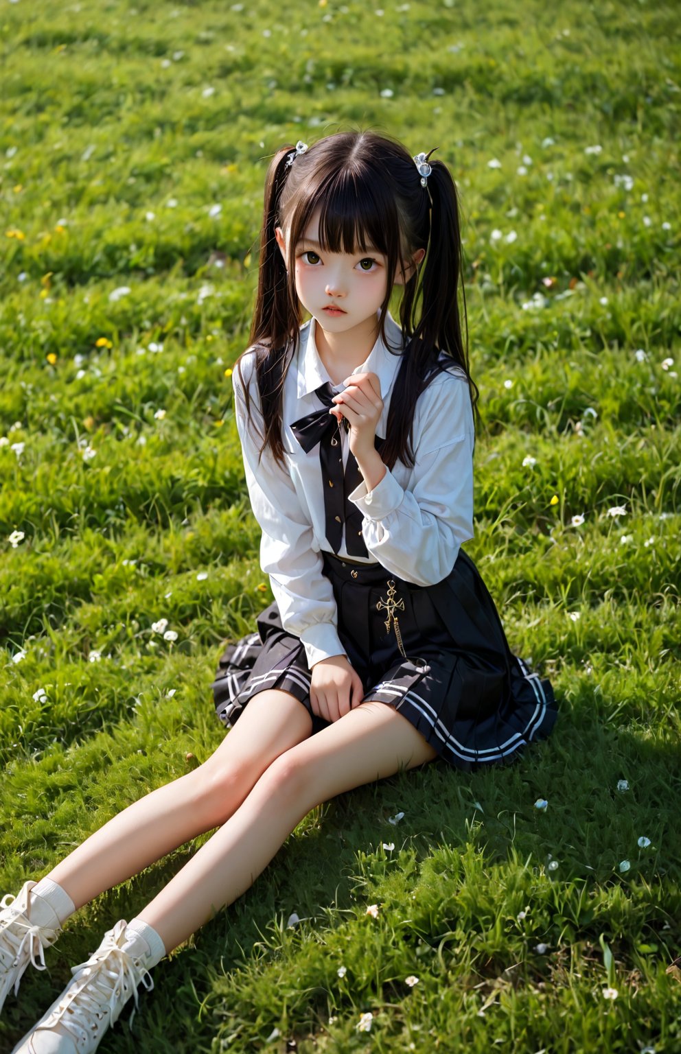 A young girl sits comfortably cross-legged on a grass