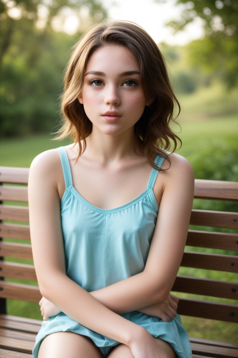 A close-up shot of a young girl sitting on a worn wooden bench, her arms crossed in contemplation as she tilts her head slightly to the left. Soft morning light casts a gentle glow on her thoughtful expression, emphasizing the furrowed brow and pursed lips. The background is blurred, focusing attention solely on her introspective demeanor.