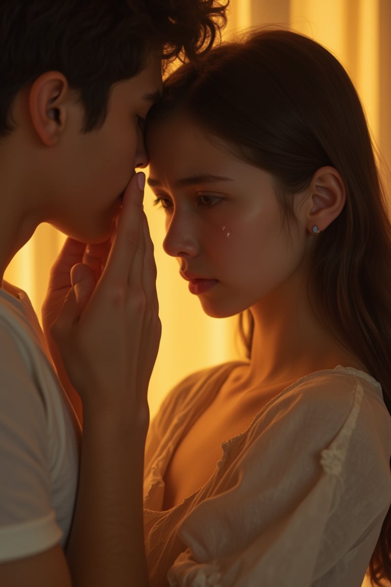 A young woman's face contorts in distress as she wipes away tears, her eyes welling up with sadness. Her boyfriend's hand grips her arm tightly, his fingers digging into her skin as he whispers an apology. The scene is set against a warm, golden-lit background, the soft focus blurring the edges of the frame. The girl's slender figure is posed in a slight angle, her body language conveying vulnerability and hurt.