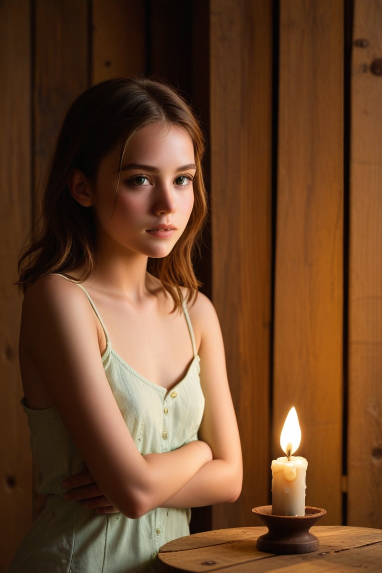 A contemplative young girl stands alone in a dimly lit, rustic wooden cabin. Her arms are crossed and her head is tilted in thoughtful consideration, as if pondering a mysterious puzzle. The warm glow of a nearby candle casts a soft, golden light on her concerned expression, emphasizing the intensity of her inner reflection.