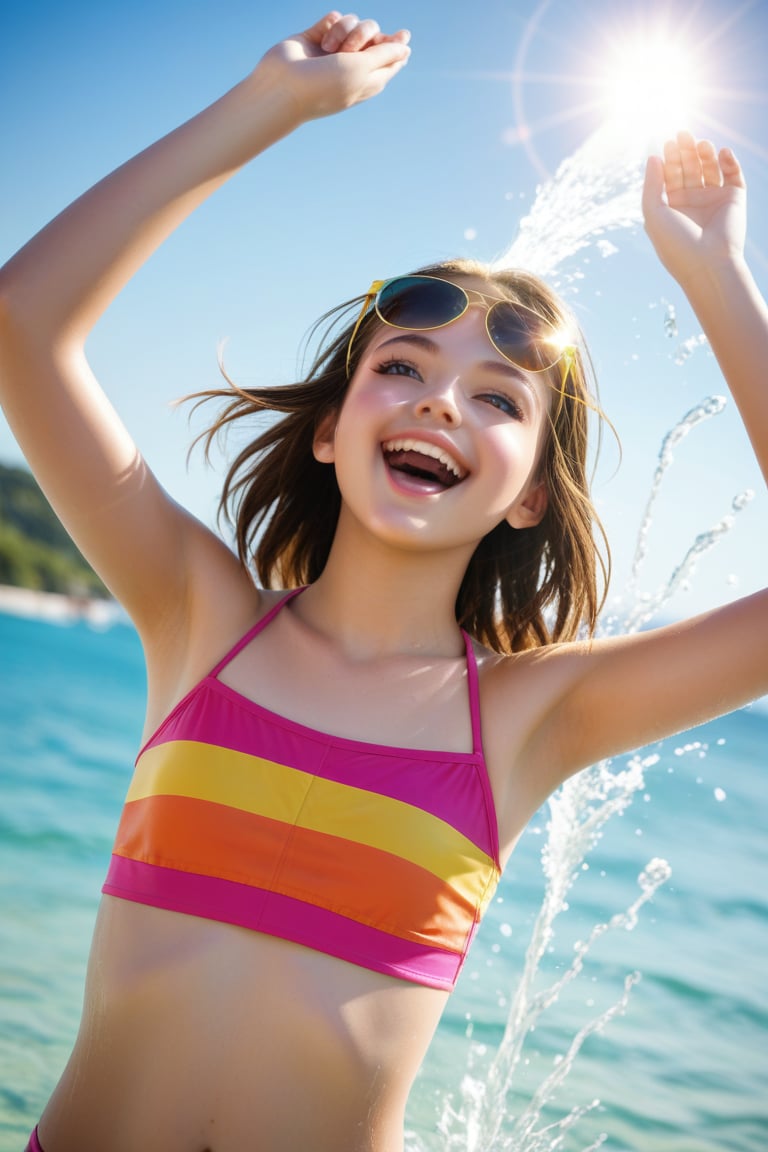 A vibrant summer scene: a young girl with bright pink swimwear and matching sunglasses, playfully splashing water from her hands onto the camera lens. The warm sunlight casts a golden glow on her sun-kissed skin as she tilts her head back in joyful abandon. A blurred beach background with colorful towels and inflatables adds to the lively atmosphere.