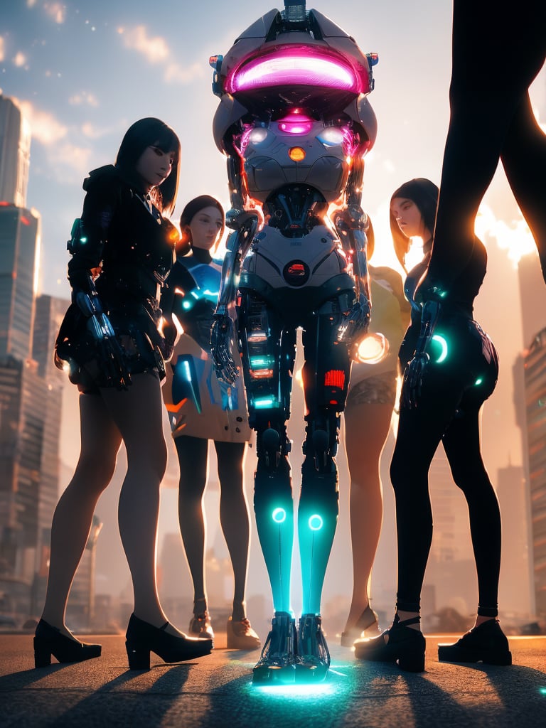 A futuristic cityscape at dusk, with sleek skyscrapers reflecting vibrant hues of orange and pink. A group of cyborgs, their mechanical limbs glowing blue, gather around a holographic display projecting swirling clouds of binary code. Soft focus blur surrounds the subjects, while sharp contrast highlights their metallic bodies against the warm glow of sunset.