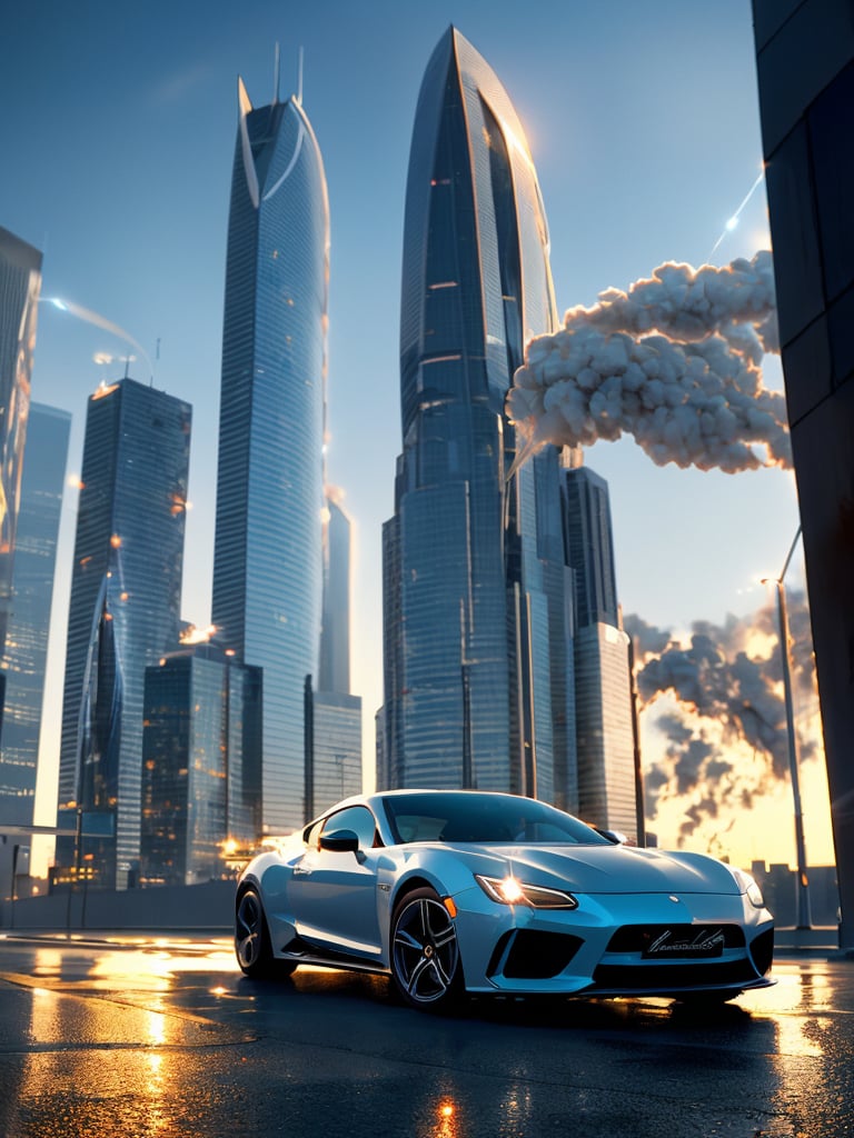 A futuristic cityscape at sunset, with neon lights reflecting off a wet pavement. A sleek, silver sports car speeds by, leaving a trail of smoke and a faint glow from its tail lights. The background features towering skyscrapers and a deep blue sky with wispy clouds.