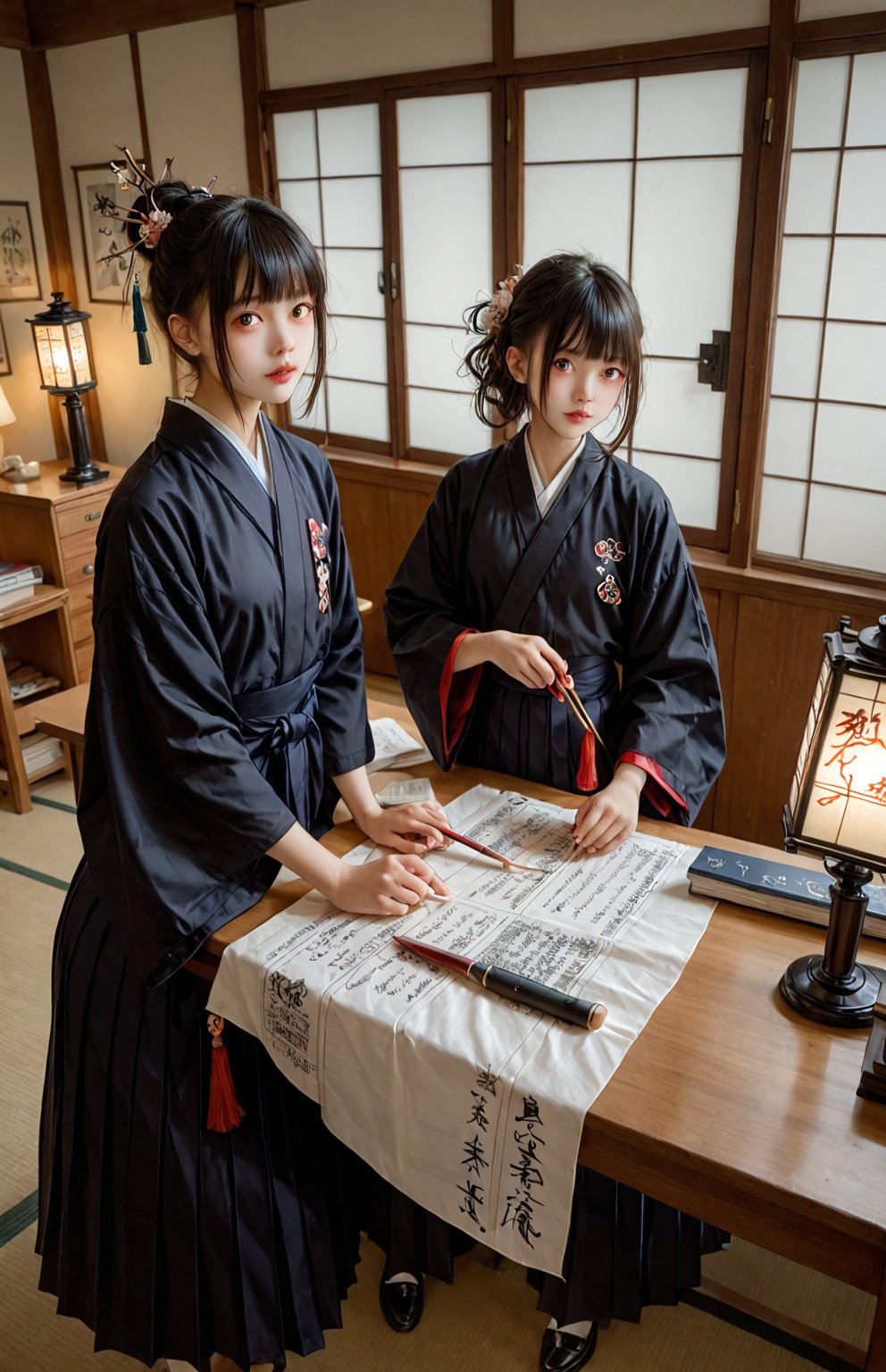 A group of Japanese high school students, dressed in traditional Hakama attire, gather around a large table. With big brushes in hand, they meticulously write anime-inspired characters on a massive sheet of paper. The soft glow of table lamps and the gentle hum of conversation create a serene atmosphere. Score 9, score 8 up, score 7 up, and score 6 up students take turns showcasing their calligraphy skills, their faces focused with concentration as they bring the intricate designs to life.