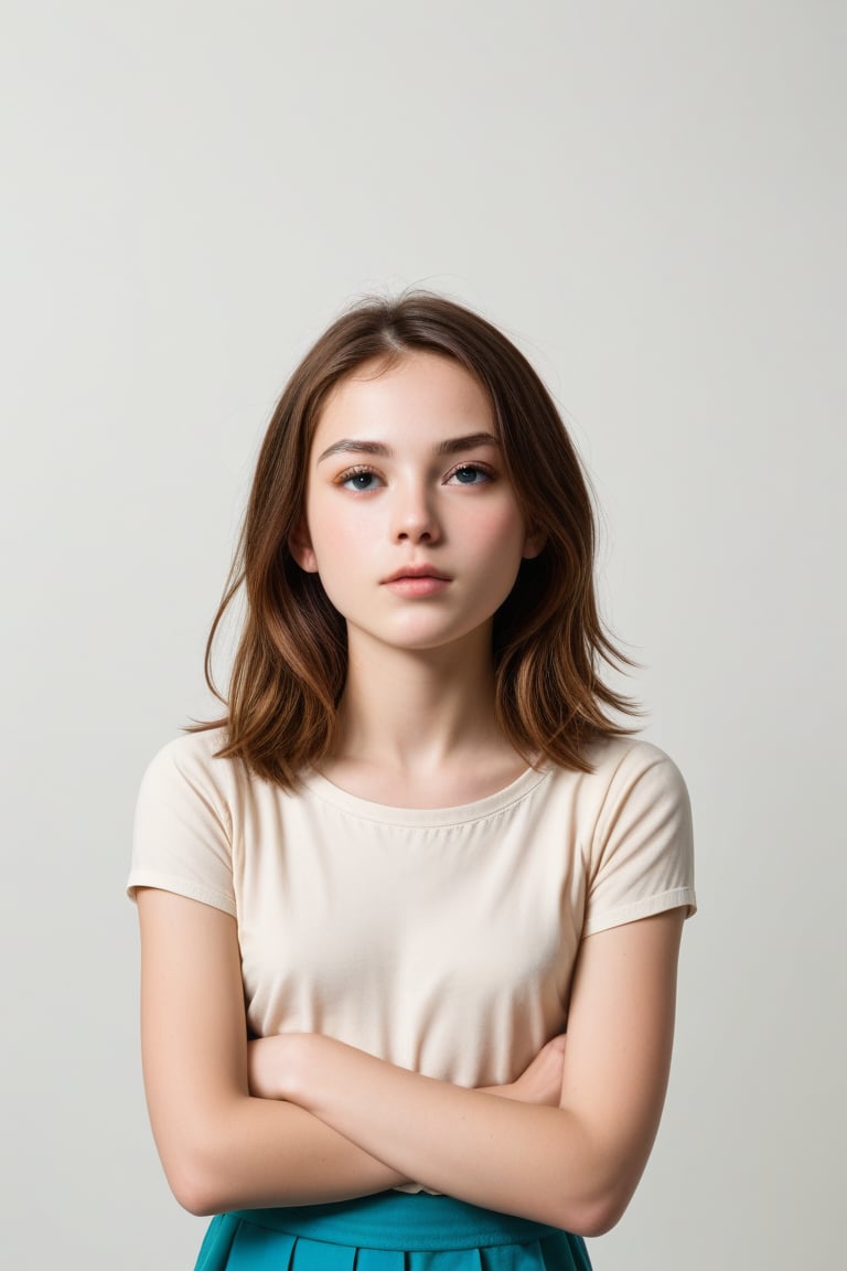 A contemplative young girl stands with arms crossed and head tilted in introspective thought, her facial expression a mix of curiosity and concern. The soft natural light casts a warm glow on her porcelain skin, as she ponders something only she knows.