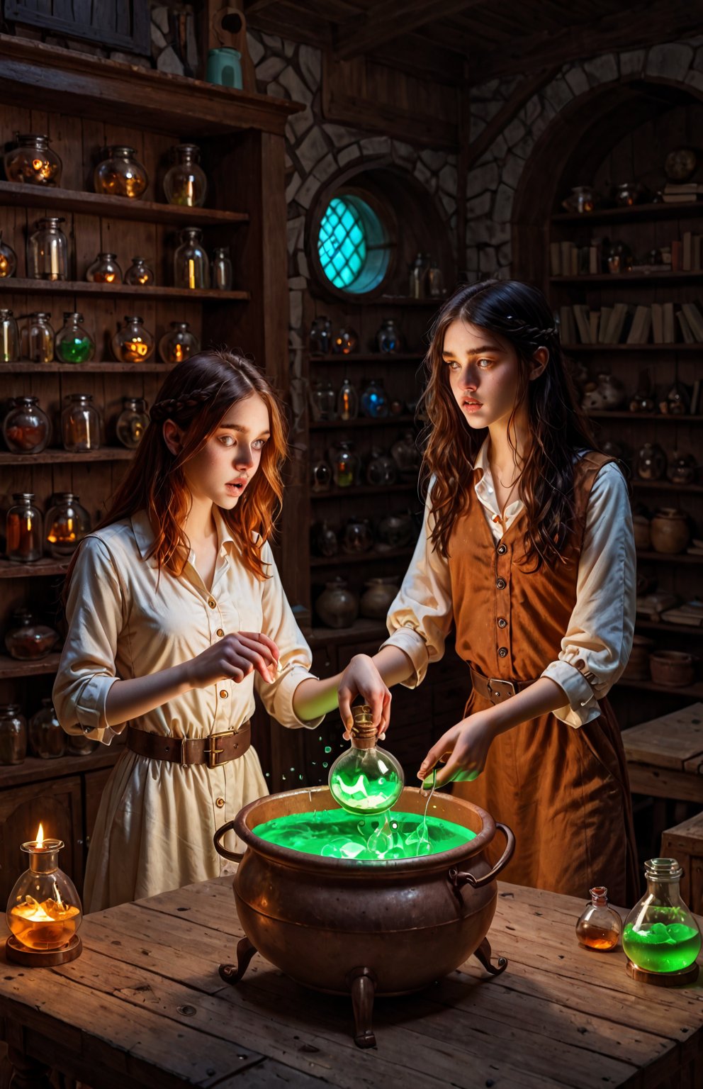 A mystical apothecary's workshop is bathed in warm, golden light as they carefully concoct a glowing potion within an ornate, copper cauldron. The shelves are lined with dusty jars filled with strange, swirling liquids and peculiar ingredients. The apothecary's hands move with precision as they stir the potion, their eyes intent on the mixture's transformation.