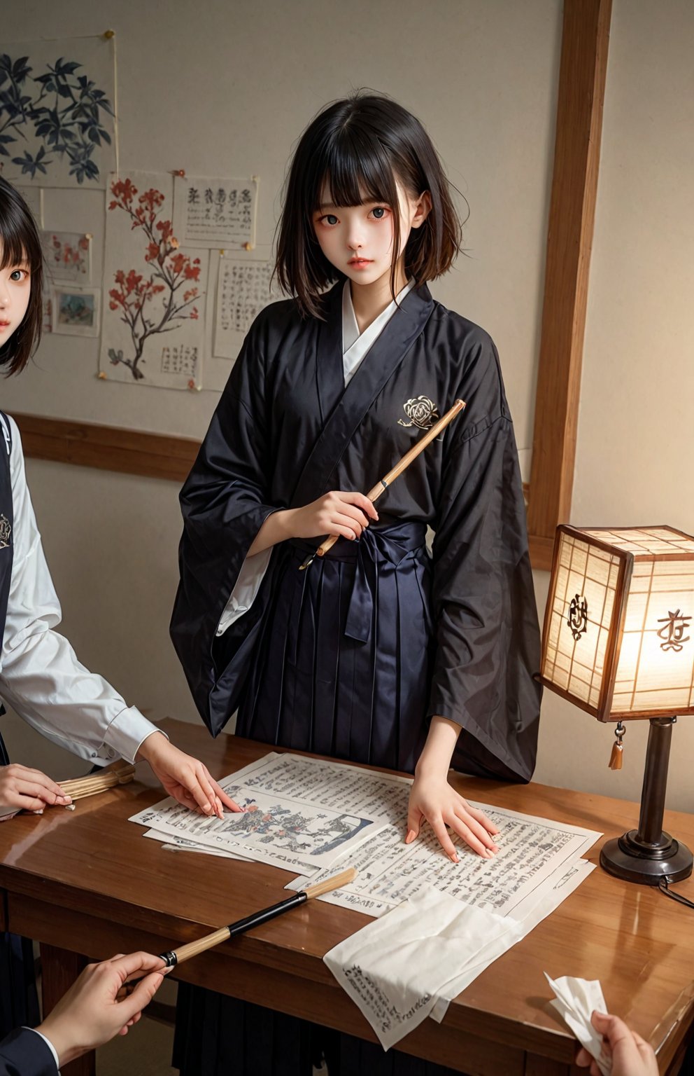 A group of Japanese high school students, dressed in traditional Hakama attire, gather around a large table. With big brushes in hand, they meticulously write anime-inspired characters on a massive sheet of paper. The soft glow of table lamps and the gentle hum of conversation create a serene atmosphere. Score 9, score 8 up, score 7 up, and score 6 up students take turns showcasing their calligraphy skills, their faces focused with concentration as they bring the intricate designs to life.