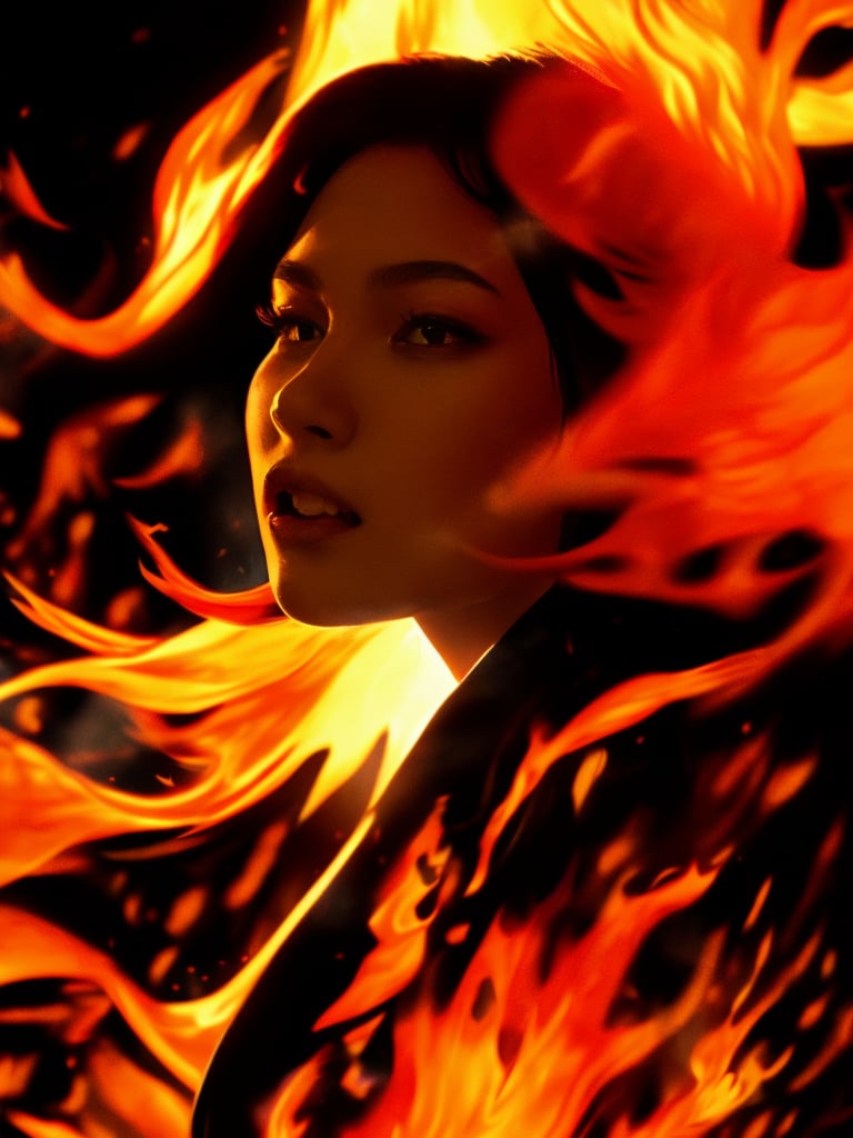 A dynamic close-up captures a fiery scene as a young woman, with flowing hair and determined expression, leaps over a roaring flame in slow motion. Golden light from the inferno illuminates her face, while dark shadows define her silhouette against the blazing orange-red hues. Smoke drifts lazily into the air, framing the dramatic moment.