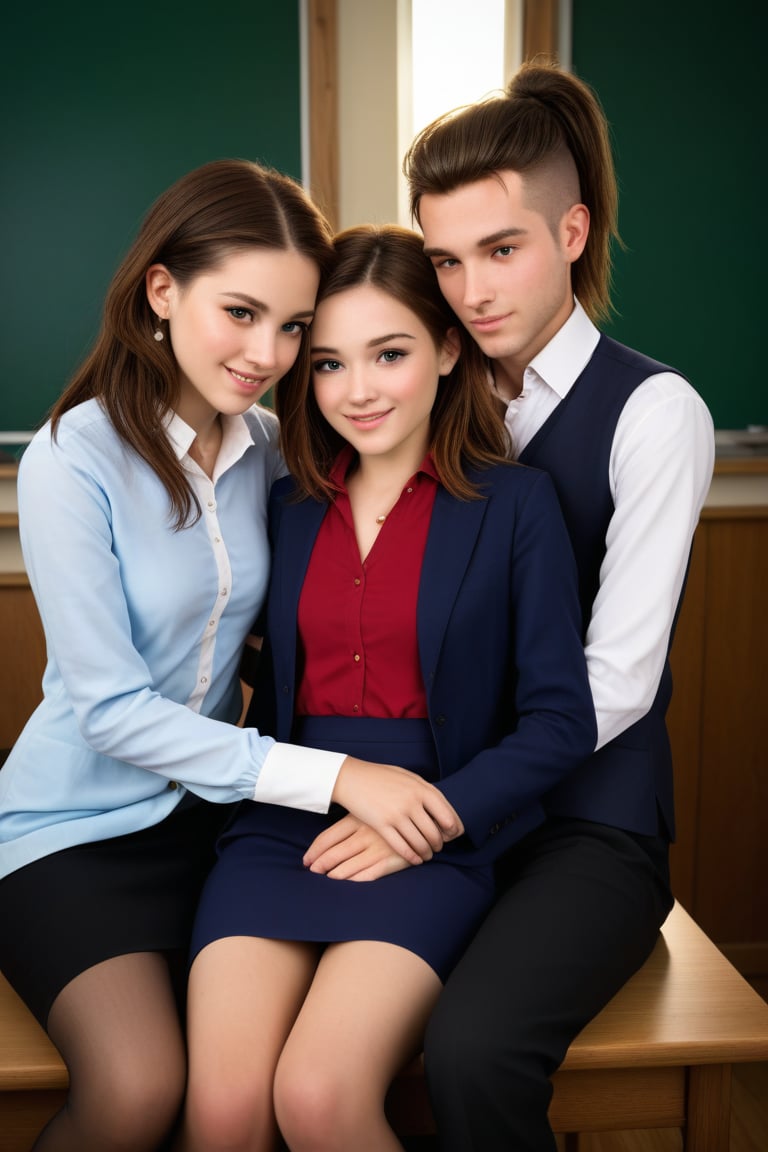 A tender scene unfolds as two giggling girls, their eyes sparkling with innocence, sit comfortably on the lap of a kind-hearted young male teacher. The soft focus framing captures the gentle intimacy of the moment, with the teacher's hands cradling the girls' legs and waist. Warm golden lighting illuminates the trio, emphasizing the cozy atmosphere. The composition is balanced, with the girls' faces centered and the teacher's face partially obscured, conveying a sense of trust and playfulness.