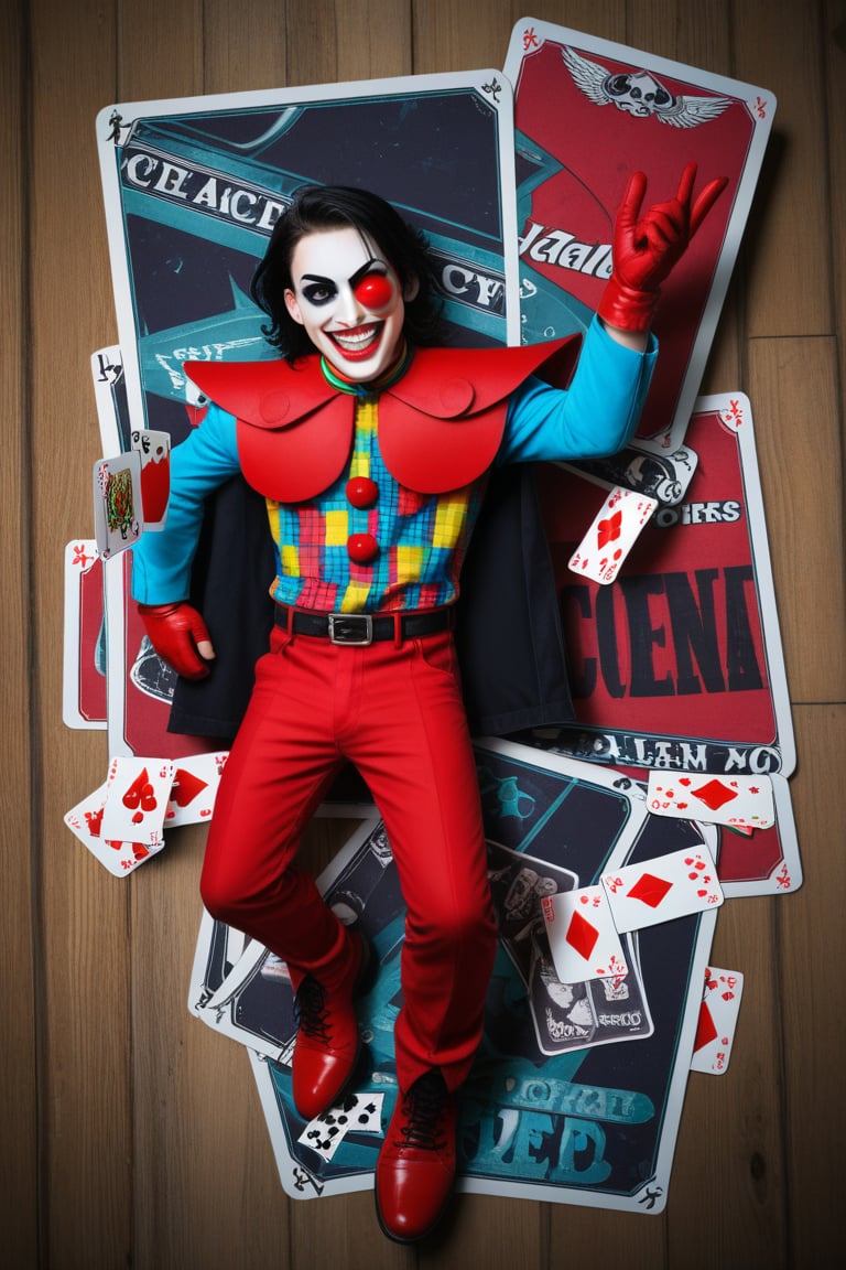 A surreal scene unfolds as a deck of playing cards suddenly opens, revealing the iconic villainous grin of the Joker, clad in a bright red nose and oversized shoes. The Clown Prince of Crime emerges from the cardboard prison, his eyes gleaming with maniacal intensity. A splash of vibrant colors dominates the frame, punctuated by the stark black and white of the playing cards.